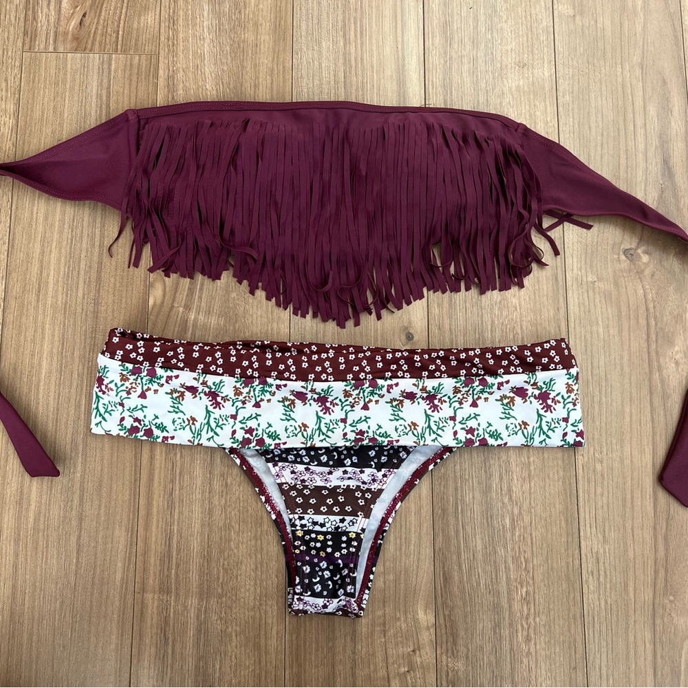 Burgundy Fringe Bikini Set